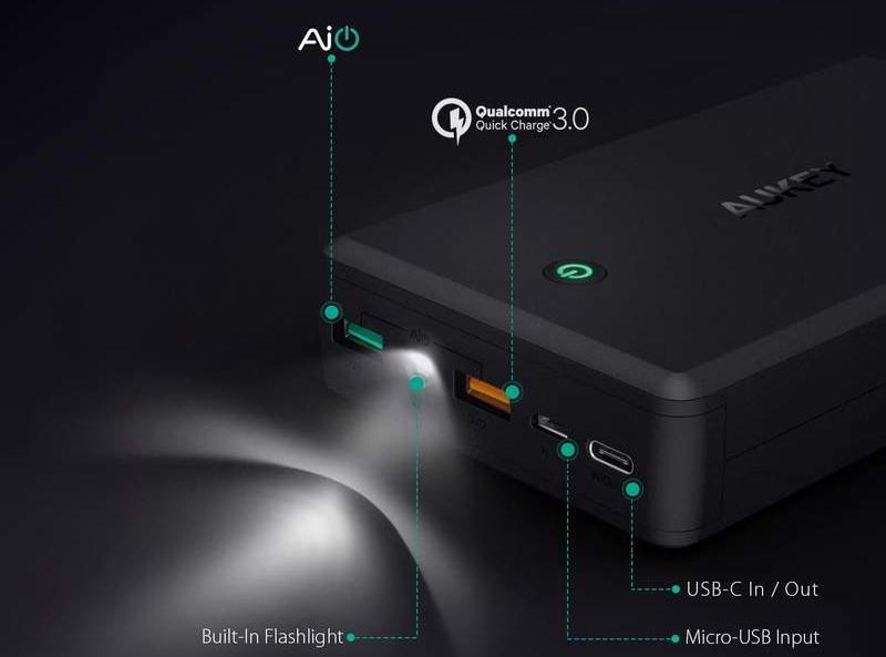 Внешний аккумулятор Aukey Power Bank 30000 mAh USB C Power Delivery PD 2.0 PB-Y7 (Black) купить в интернет-магазине icover