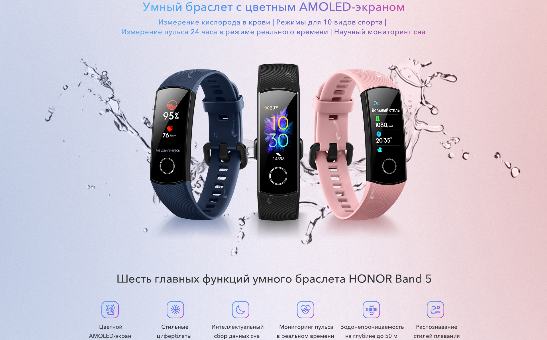Фитнес-браслет Honor Band 5 CRS-B19S (Coral Pink) купить в интернет-магазине icover