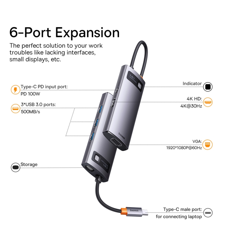 Хаб Baseus Metal Gleam (WKWG030013) 6-in-1 Multifunctional Type-C HUB Docking Station (Gray) купить в интернет-магазине icover