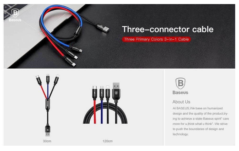 Кабель для iPhone, iPad Baseus Three Colors Series 3 in1 Cable Lightning/Micro/Type-C 1.2M CAMLT-BSY01 (Black)  купить в интернет-магазине icover