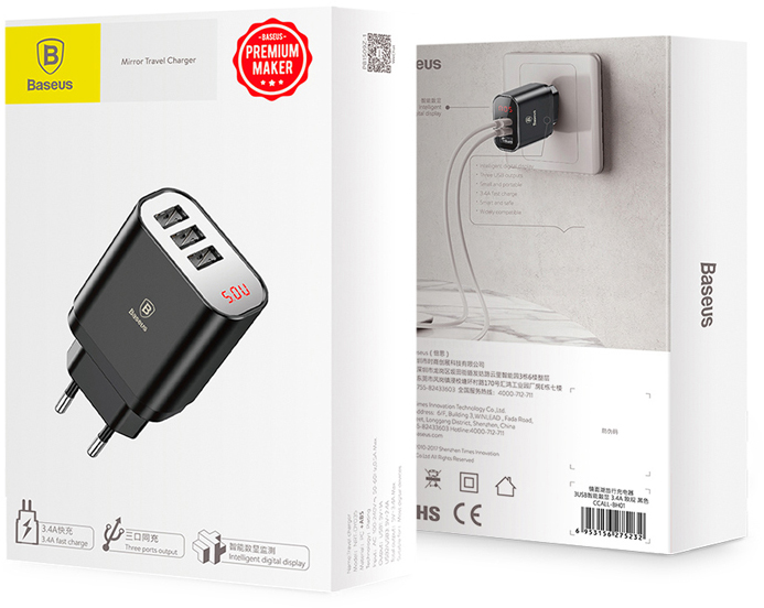 Сетевая зарядка Baseus Mirror Lake Intelligent Digital Display (CCALL-BH02) 3xUSB 3.4A (White) купить в интернет-магазине icover