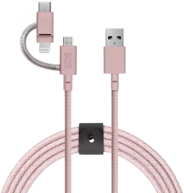 Кабель Native Union Belt (BELT-ULC-ROS-NP) USB-A to USB-C/MicroUSB/Lightning 2m (Rose) купить в интернет-магазине icover