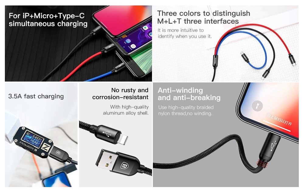 Кабель для iPhone, iPad Baseus Three Colors Series 3 in1 Cable Lightning/Micro/Type-C 1.2M CAMLT-BSY01 (Black)  купить в интернет-магазине icover