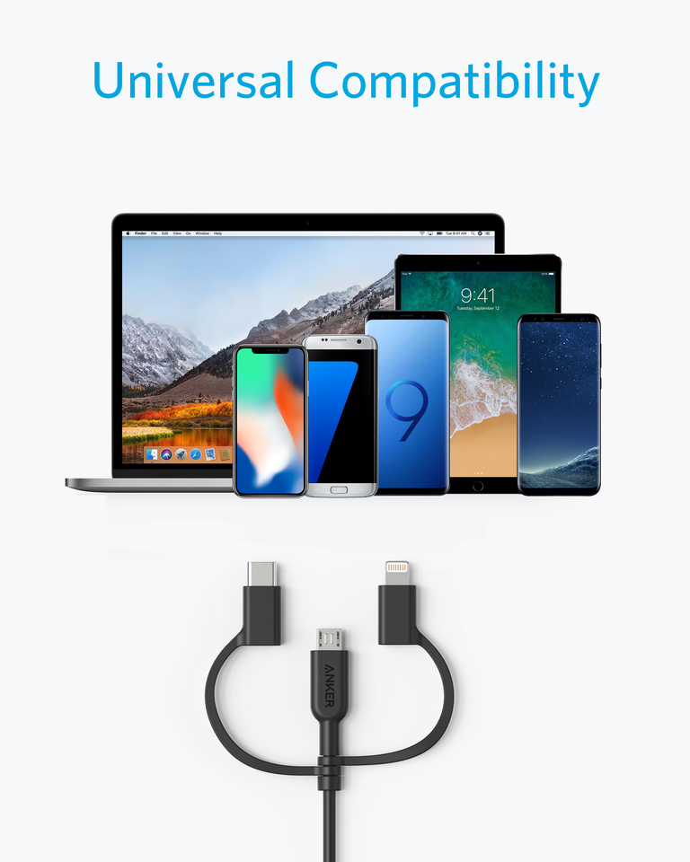 Кабель Anker powerline II (A8436011) USB-A to USB-Type C/Lightning/MicroUSB (Black) купить в интернет-магазине icover