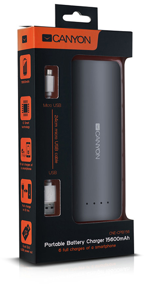 Canyon Portable Battery Charger 15600 mAh (CNE-CPB156DG) - внешний аккумулятор (Dark Grey) купить в интернет-магазине icover