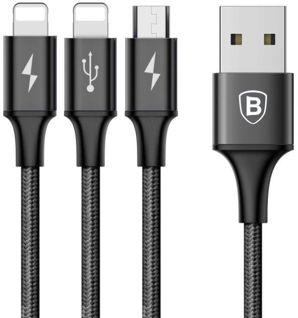 Кабель для iPod, iPhone, iPad Baseus Rapid Series 3-in-1 microUSB/Dual Lightning 1.2 м CAMLL-SU01 (Black) купить в интернет-магазине icover