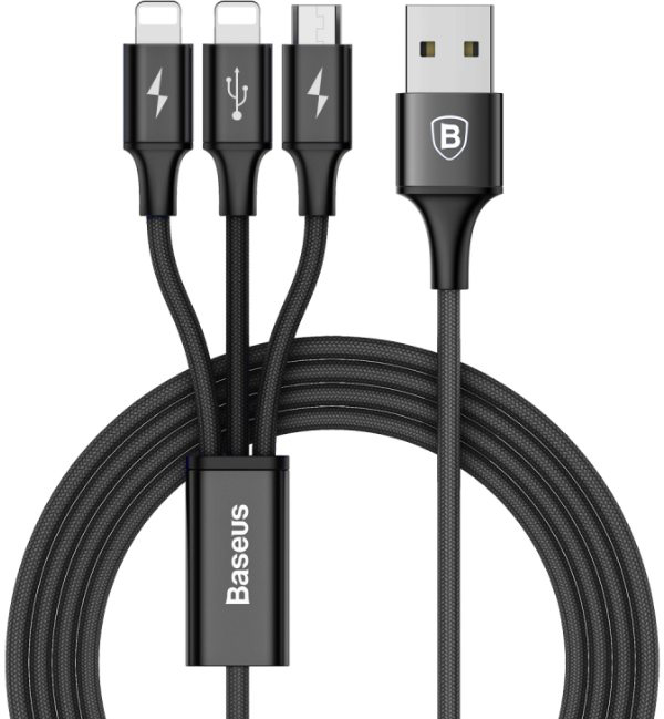 Кабель для iPod, iPhone, iPad Baseus Rapid Series 3-in-1 microUSB/Dual Lightning 1.2 м CAMLL-SU01 (Black) купить в интернет-магазине icover