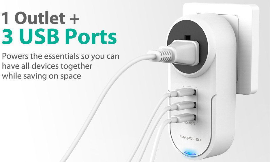 Сетевая зарядка RAVPower Rotate Plug 4-in-1 Mini Surge Protector RP-PC003W (White) купить в интернет-магазине icover