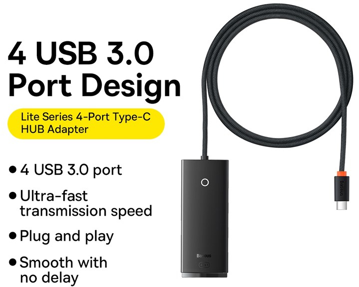 Хаб Baseus Lite (WKQX030401) 4-Port Type-C HUB Adapter 1m (Black) купить в интернет-магазине icover