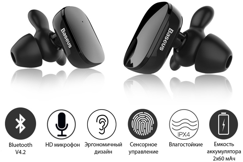 Bluetooth-наушники с микрофоном Baseus Encok W02 TWS (Black) купить в интернет-магазине icover