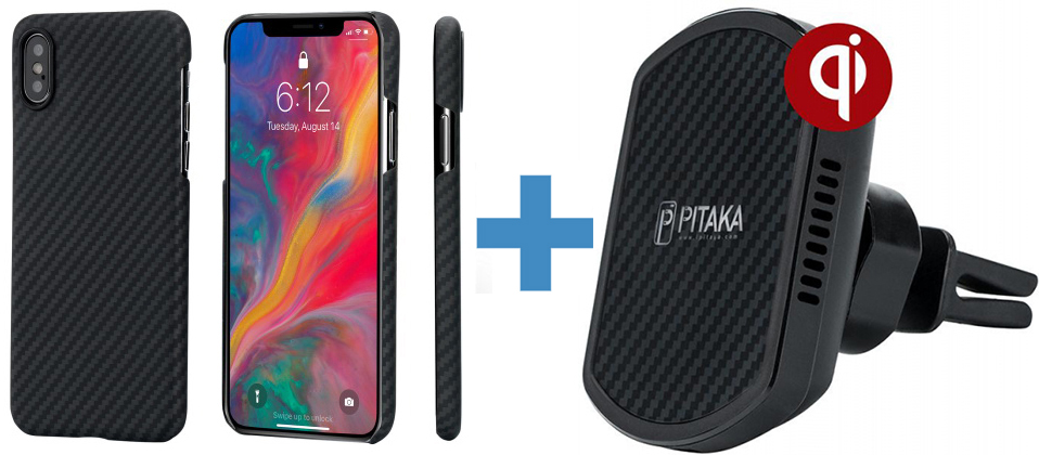 Комплект в авто для iPhone XS/X Pitaka MagMount Qi Pro Vent CM002Q + MagCase KI8001XS (Black) купить в интернет-магазине icover