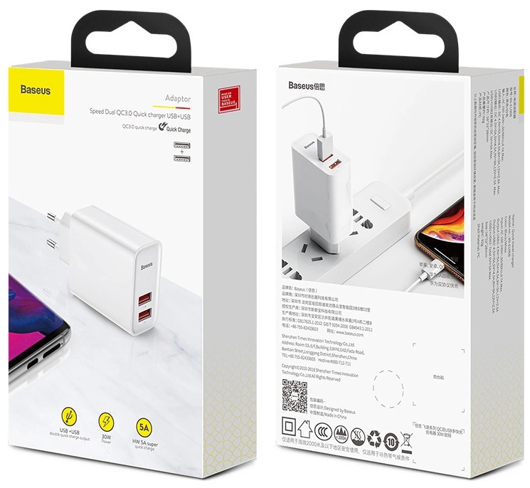 Сетевое зарядное устройство Baseus Speed Dual USB-A CCFS-E02 (White) купить в интернет-магазине icover