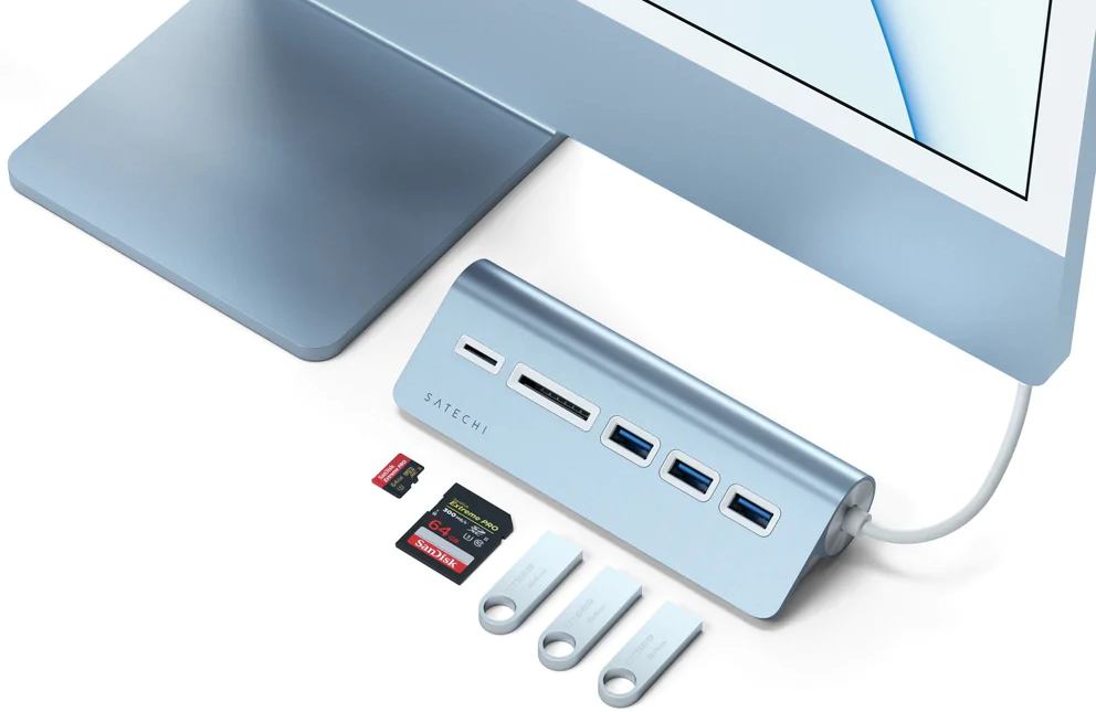 USB-концентратор Satechi Aluminum USB 3.0 Hub & Card Reader ST-TCHCRB (Blue) купить в интернет-магазине icover