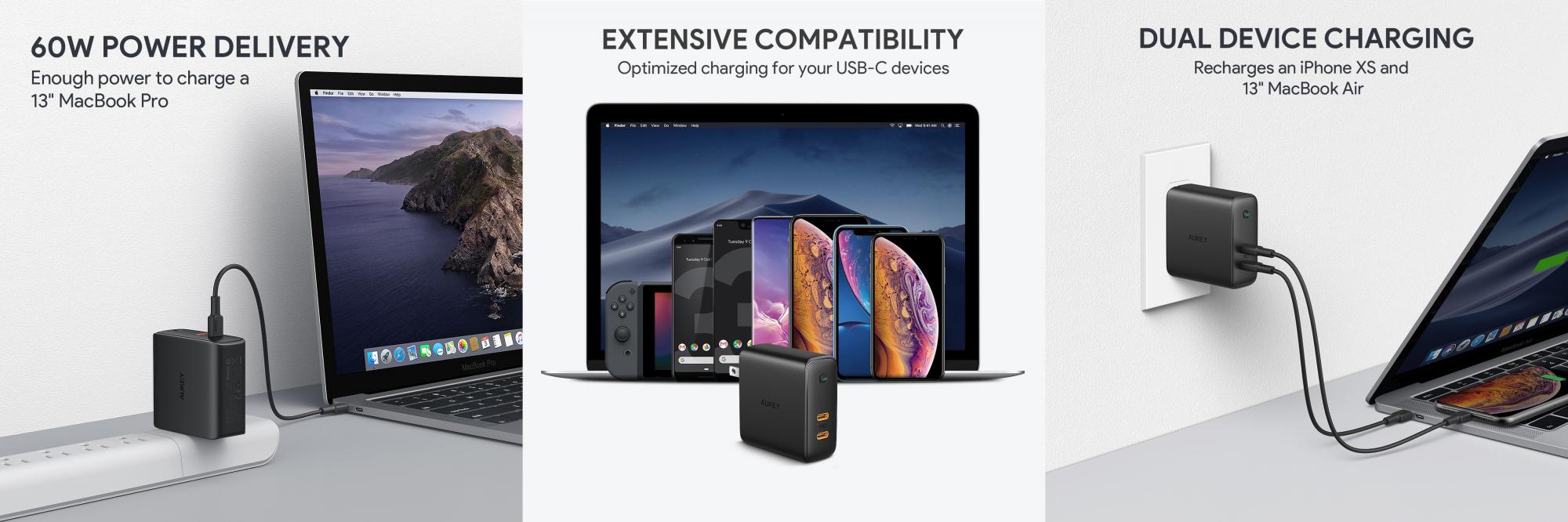 Сетевое зарядное устройство Aukey Focus Duo PD (PA-D5) USB-C 63W (Black) купить в интернет-магазине icover