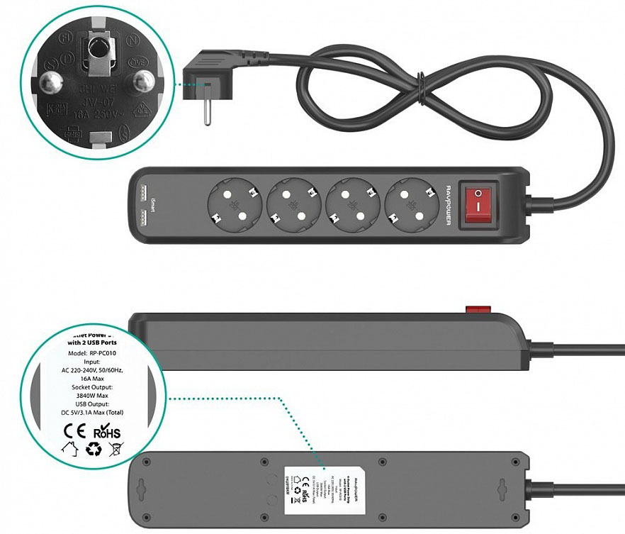 Сетевой фильтр RAVPower 4-Outlet Power Strip (RP-PC010) 2xUSB (Black) купить в интернет-магазине icover