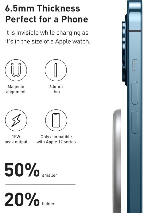 Беспроводное зарядное устройство Baseus Simple Mini Magnetic Magsafe Wireless Charger (WXJK-F02) для iPhone Series 12 (White) купить в интернет-магазине icover