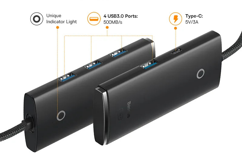 Хаб Baseus Lite (WKQX030201) 4-Port USB-A HUB Adapter 2m (Black) купить в интернет-магазине icover