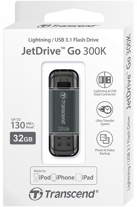 Внешний накопитель Transcend JetDrive Go 300 32Gb USB 3.1/Lightning (TS32GJDG300K) для устройств Apple (Black) купить в интернет-магазине icover