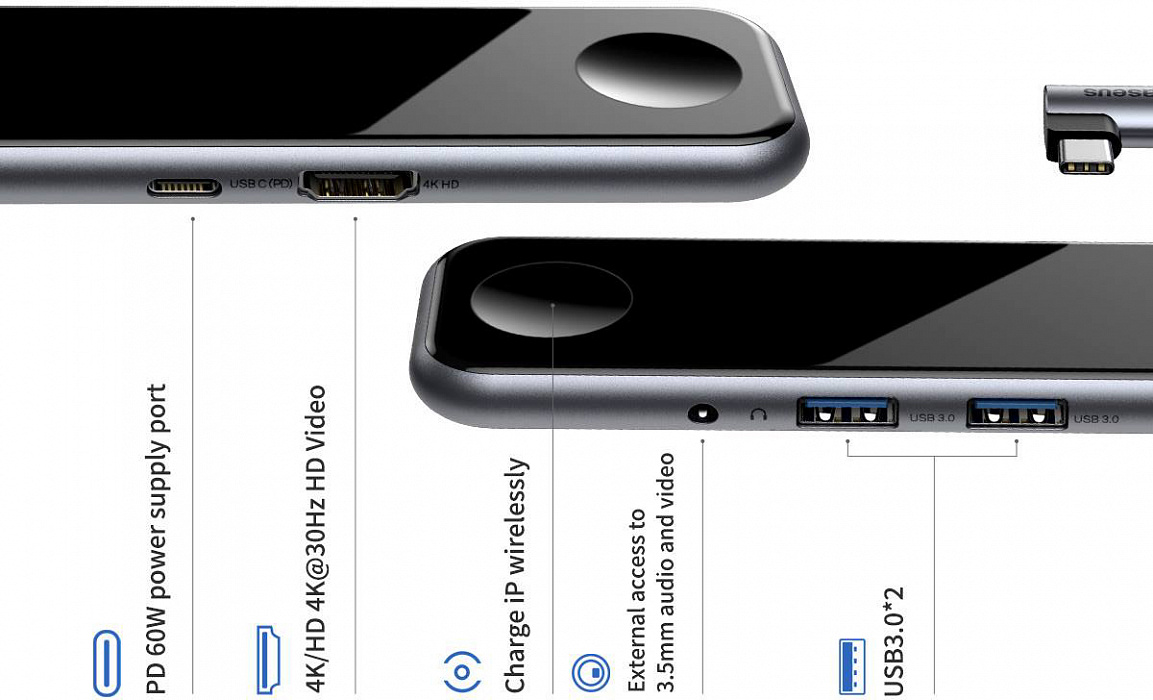 USB-концентратор Baseus Mirror Series Multifunctional Wireless Charger USB-C CAHUB-AZ0G (Black) купить в интернет-магазине icover