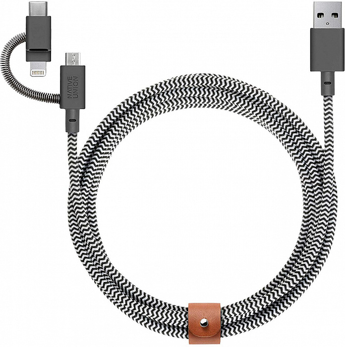 Кабель для iPhone, iPad Native Union Belt Universal (BELT-KV-ULC-ZEB-V2) USB to Lightning/microUSB/USB-C 2m (Zebra) купить в интернет-магазине icover