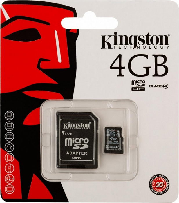 Kingston microSDHC Class 4 4Gb (SDC4/4GB) - карта памяти с адаптером (Black) купить в интернет-магазине icover