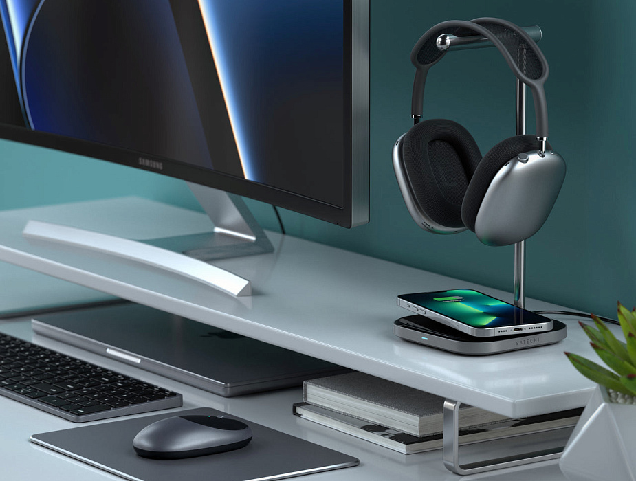 Подставка для наушников Satechi ST-UCHSMCM 2-In-1 Headphone Stand w/ Wireless Charger (Space Grey) купить в интернет-магазине icover