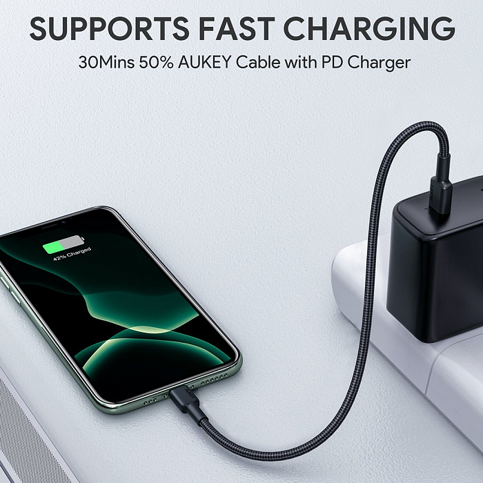 Кабель для iPod, iPhone, iPad Aukey Braided Nylon (CB-CL12) USB-C to Lightning 18cm (Black) купить в интернет-магазине icover