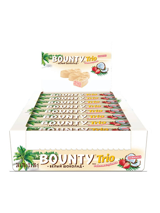 Шоколадный батончик Bounty Trio Райская клубника в белом шоколаде с нежной мякотью кокоса со вкусом клубники (24 х 78 г.) купить в интернет-магазине icover