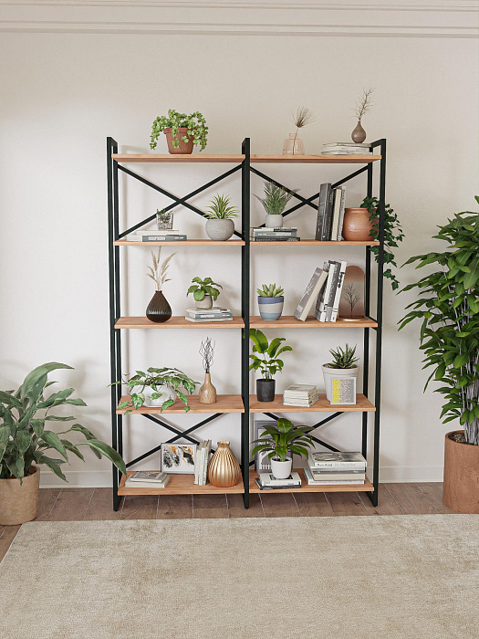 Стеллаж двойной лофт RIDBERG CHICAGO 5 полок (Oak/Black) купить в интернет-магазине icover