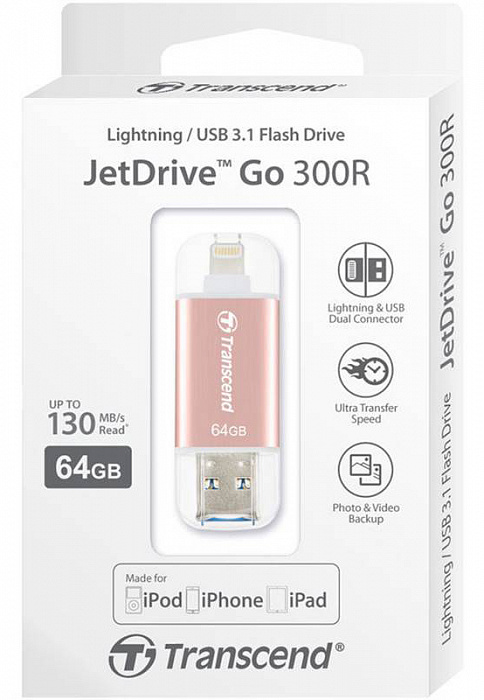 Внешний накопитель Transcend JetDrive Go 300 64Gb USB 3.1/Lightning (TS64GJDG300R) для устройств Apple (Rose Gold) купить в интернет-магазине icover