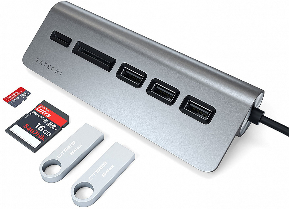 USB-концентратор Satechi Aluminum USB 3.0 Hub & Card Reader ST-TCHCRM (Space Gray) купить в интернет-магазине icover