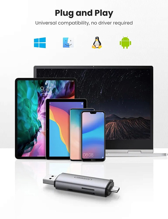 Кардридер UGREEN CM185 (50706) USB-C/USB-A TF/SD (Gray) купить в интернет-магазине icover