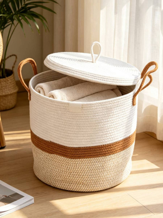 Тканевая корзина Ridberg M с крышкой (White/Beige) купить в интернет-магазине icover