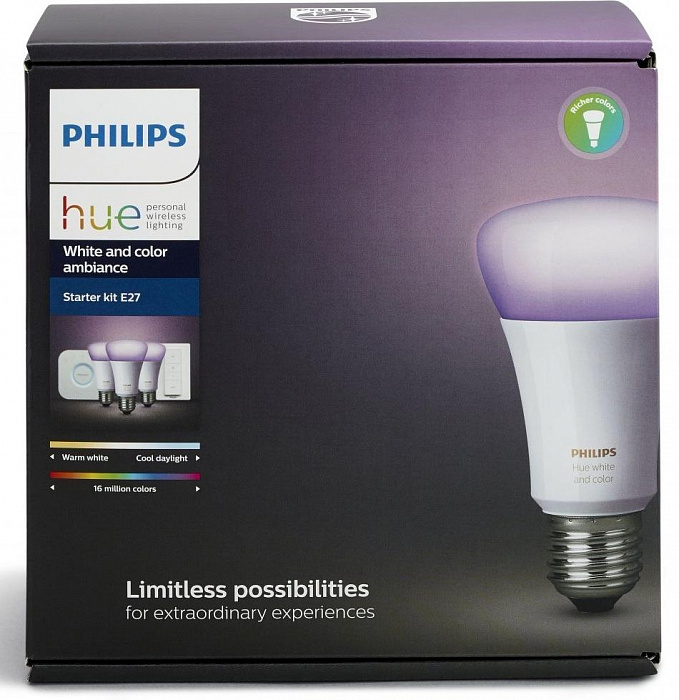 Комплект умных светодиодных ламп Philips Hue White and Color Ambiance E27 Starter Kit с пультом ДУ и блоком управления купить в интернет-магазине icover
