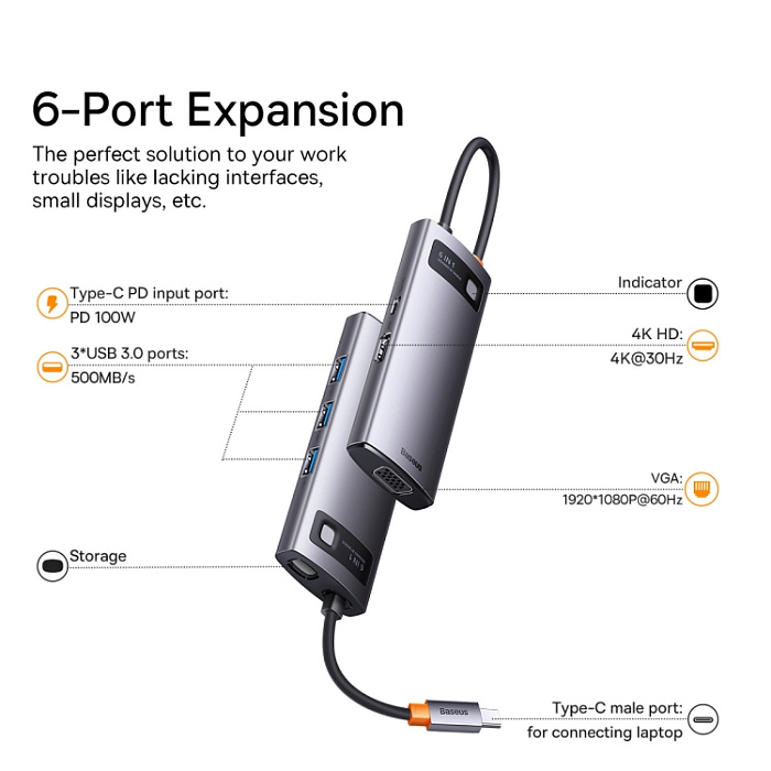 Хаб Baseus Metal Gleam (WKWG030013) 6-in-1 Multifunctional Type-C HUB Docking Station (Gray) купить в интернет-магазине icover