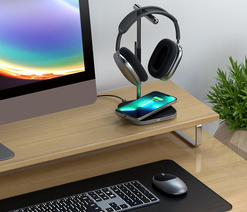 Подставка для наушников Satechi ST-UCHSMCM 2-In-1 Headphone Stand w/ Wireless Charger (Space Grey) купить в интернет-магазине icover