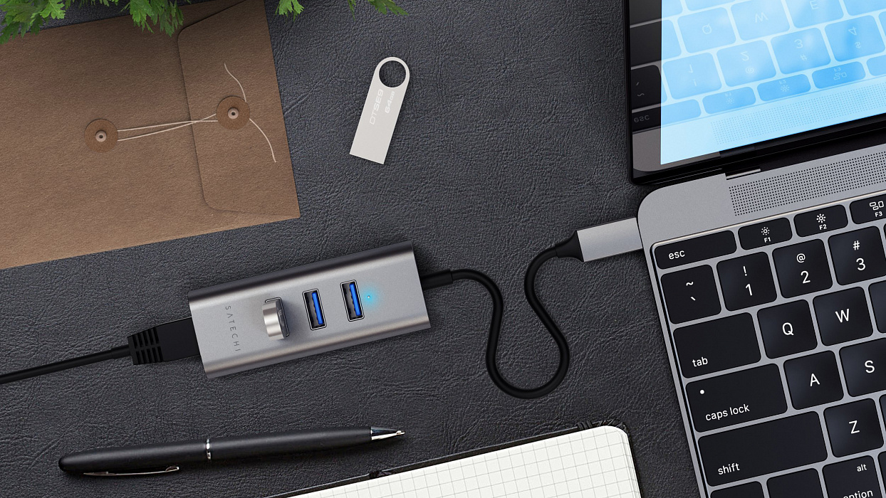 USB-концентратор Satechi Aluminum USB 3.0 Hub & Ethernet ST-TC2N1USB31AM (Space Gray) купить в интернет-магазине icover