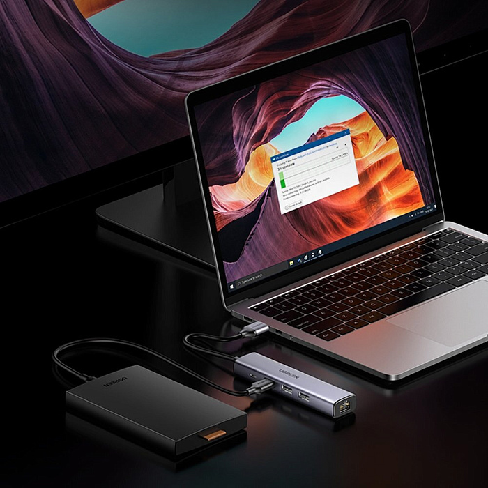Хаб Ugreen Ethernet Adapter Type-C Power Supply CM475 (60554) USB 3.0 to 3 х USB3.0 / USB Type-C / RJ45 (Space Grey) купить в интернет-магазине icover