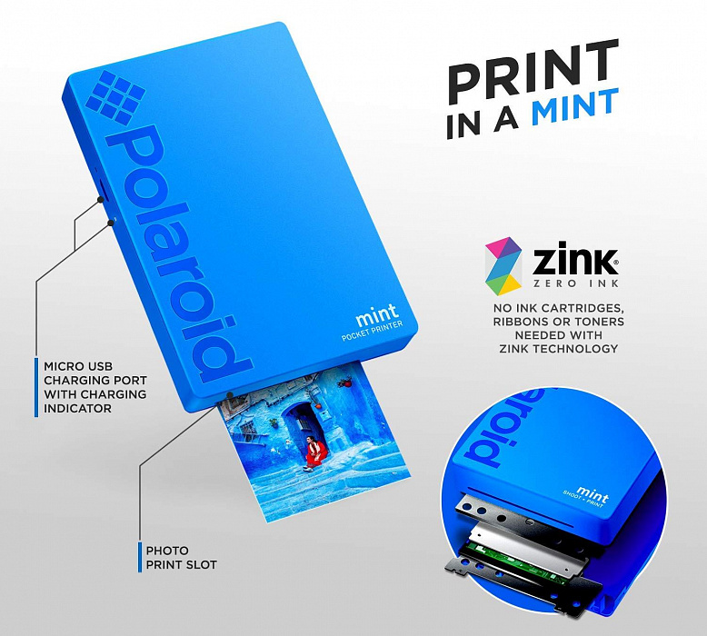Портативный принтер Polaroid Mint (Blue) купить в интернет-магазине icover
