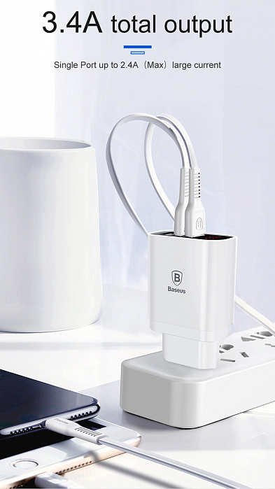Сетевая зарядка Baseus Mirror Lake Intelligent Digital Display (CCALL-BH02) 3xUSB 3.4A (White) купить в интернет-магазине icover