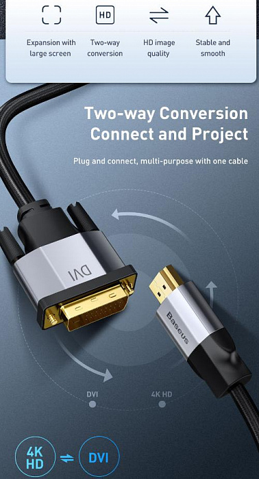 Кабель Baseus Enjoyment Series (CAKSX-F0G) HDMI/DVI 1m (Dark Grey) купить в интернет-магазине icover