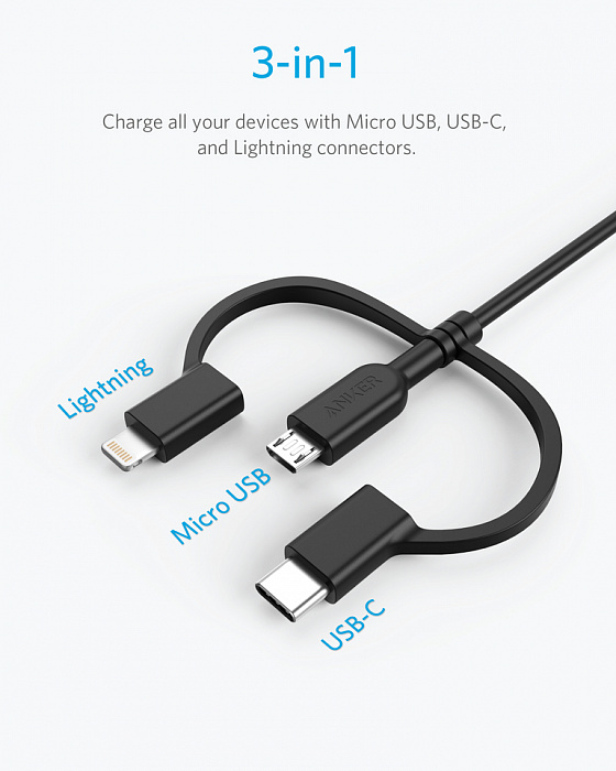 Кабель Anker powerline II (A8436011) USB-A to USB-Type C/Lightning/MicroUSB (Black) купить в интернет-магазине icover