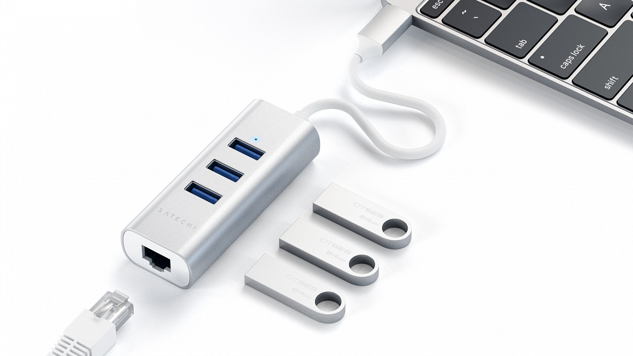 USB-концентратор Satechi Aluminum USB 3.0 Hub & Ethernet ST-TC2N1USB31AS (Silver) купить в интернет-магазине icover