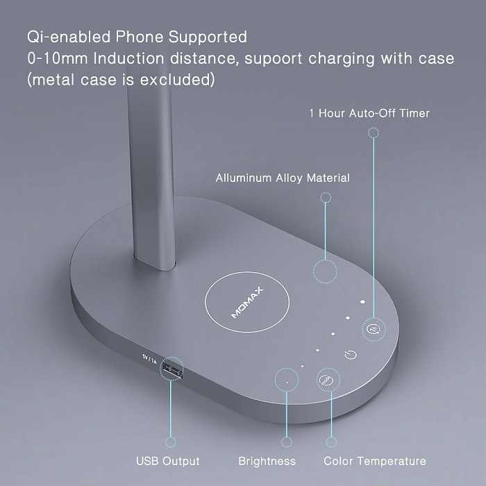 Лампа с беспроводной зарядкой Momax LED Desk Lamp with Wireless Charging Pad (Silver) купить в интернет-магазине icover