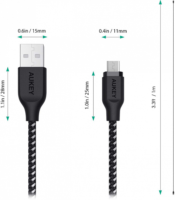 Кабель Aukey Braided Nylon (CB-AM1) microUSB to USB-A 1.2m (Black) купить в интернет-магазине icover