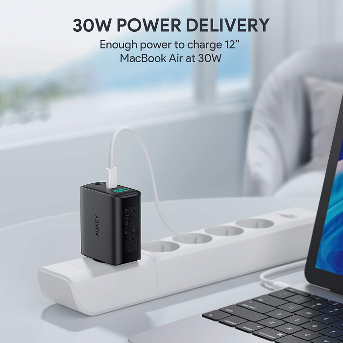 Сетевое зарядное устройство Aukey Dual-Port 30W PD Wall Charger with Dynamic Detect (Black) купить в интернет-магазине icover