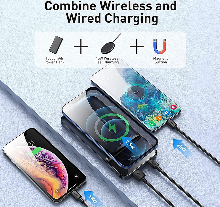 Внешний аккумулятор Baseus Magnetic Wireless Charging 10000mAh PPMT-03 (Blue) купить в интернет-магазине icover