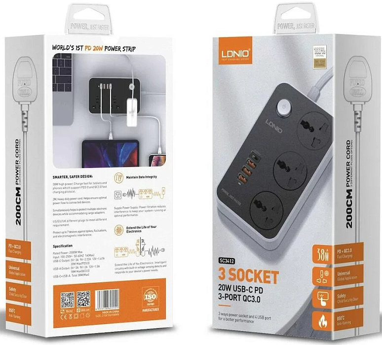 Сетевой фильтр LDNIO Intelligent Power Strip SC3412 3U 2м (Gray) купить в интернет-магазине icover