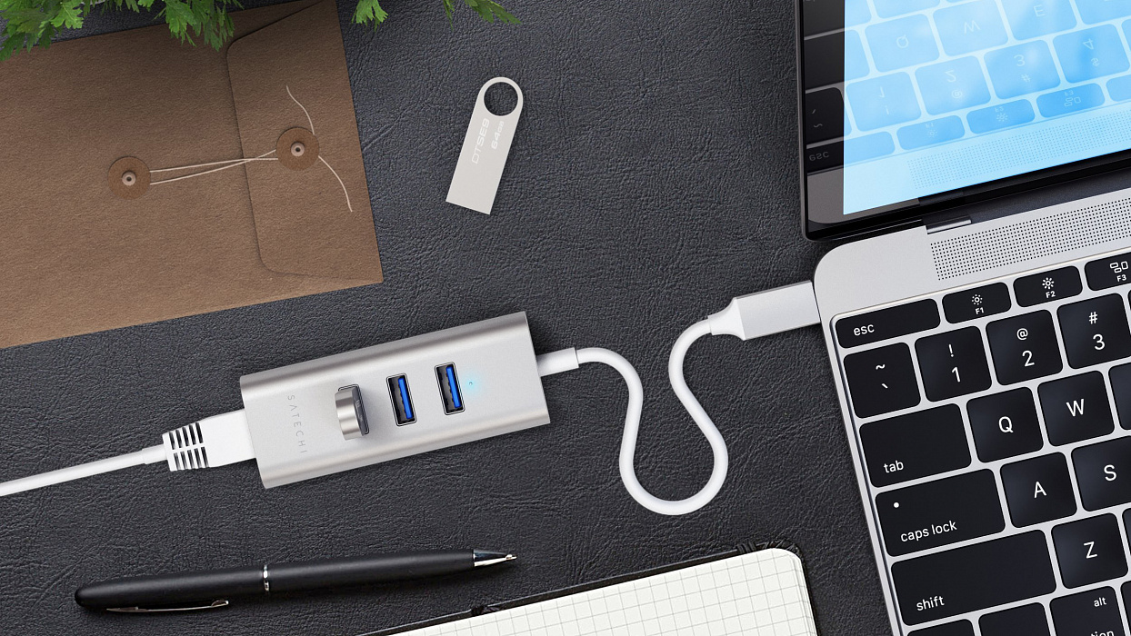 USB-концентратор Satechi Aluminum USB 3.0 Hub & Ethernet ST-TC2N1USB31AS (Silver) купить в интернет-магазине icover
