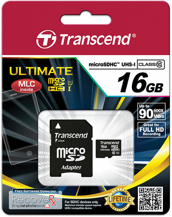 Карта памяти с адаптером Transcend microSDHC Class 10 UHS-I 600x 16Gb TS16GUSDHC10U1 (Black) купить в интернет-магазине icover